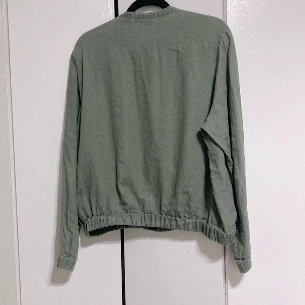 CYNTHIA ROWLEY LINEN Army Green Khaki Bomber Jacket Full Zip Long Sleeves Large